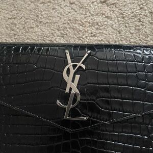 Saint Laurent Black Croc-Embossed Envelope Clutch with Silver YSL Logo